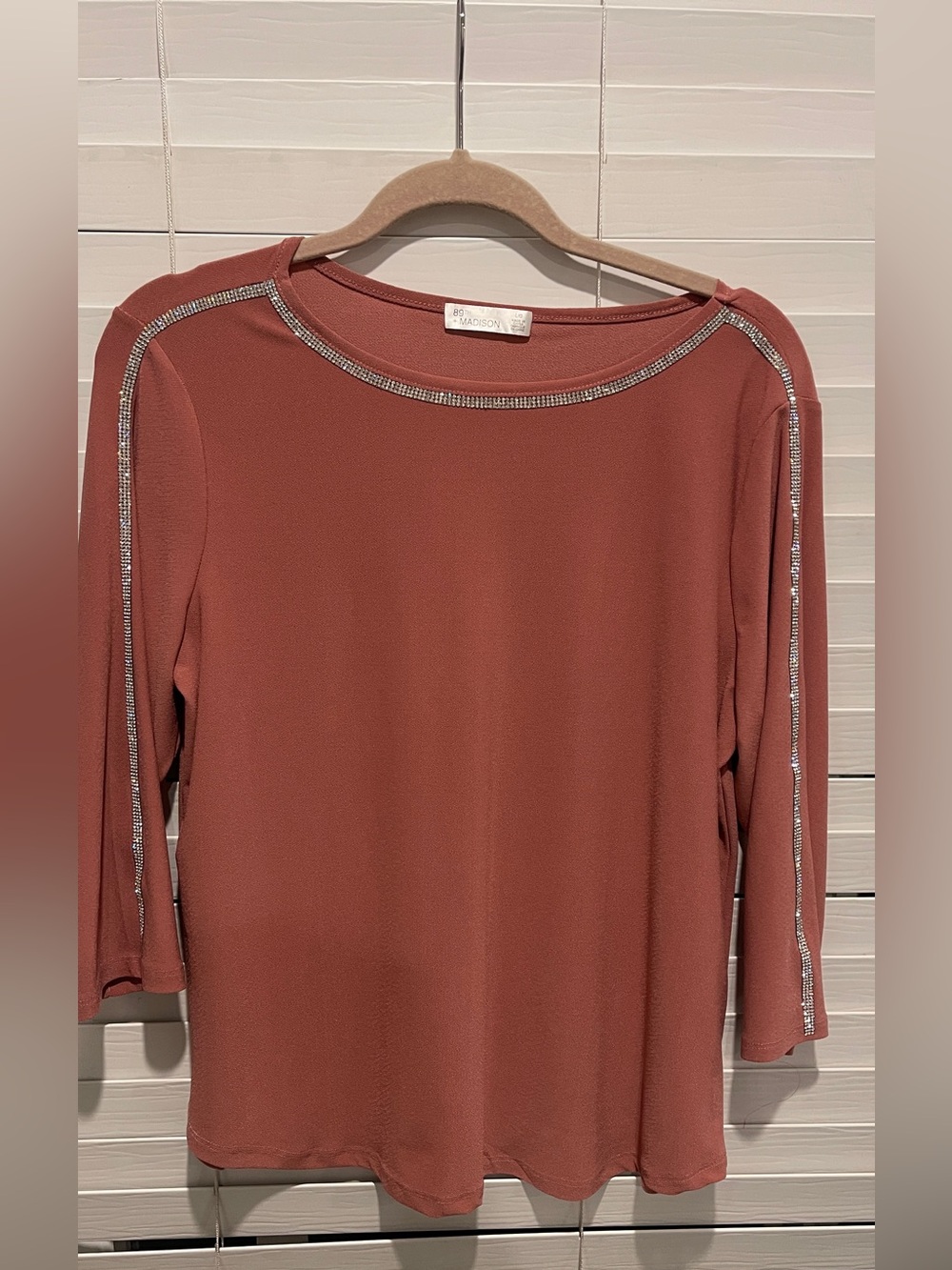 Madison Rust Long-Sleeve Top with Rhinestone Trim